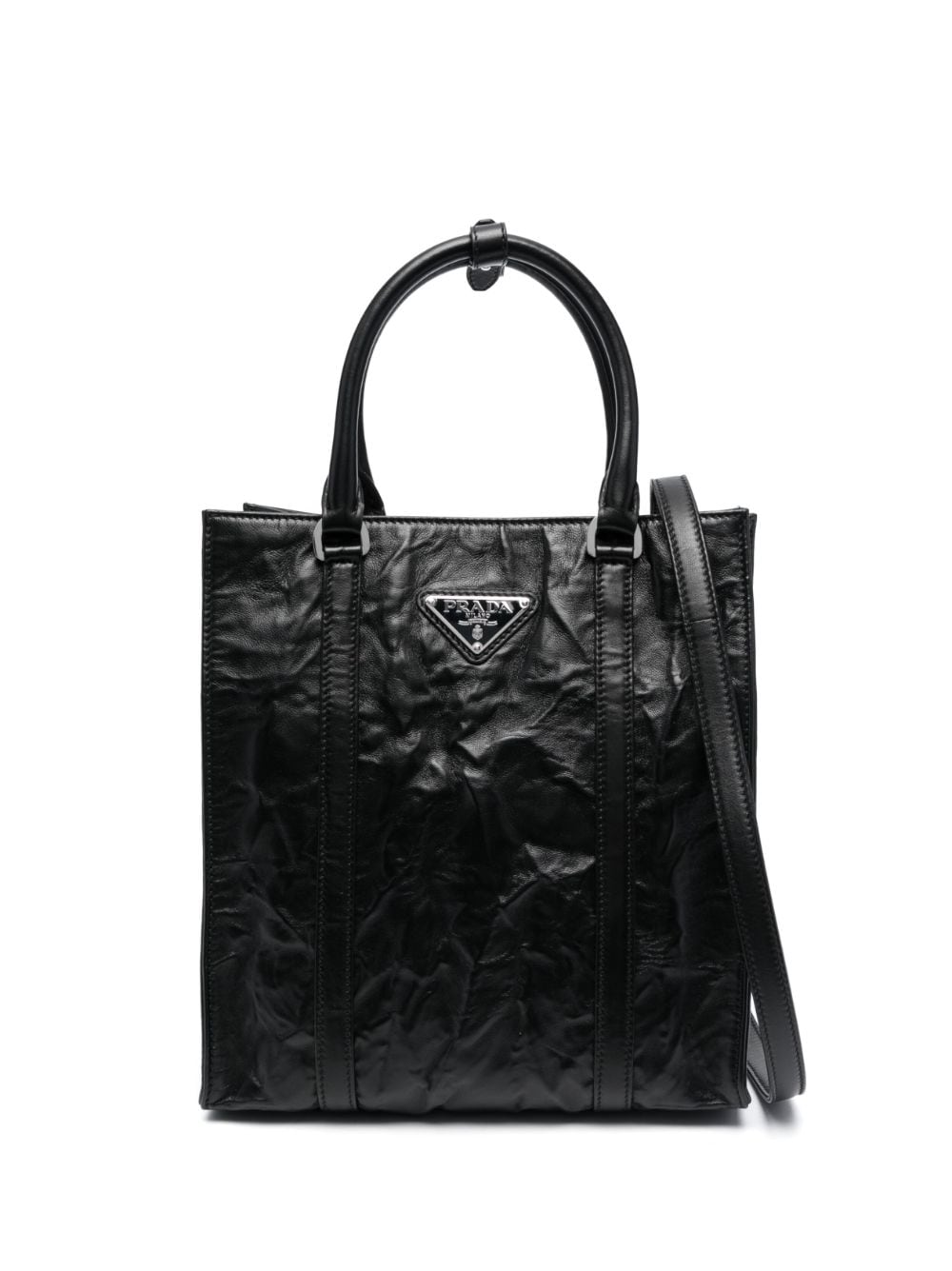 Pra*a logo-plaque crinkle-effect tote bag