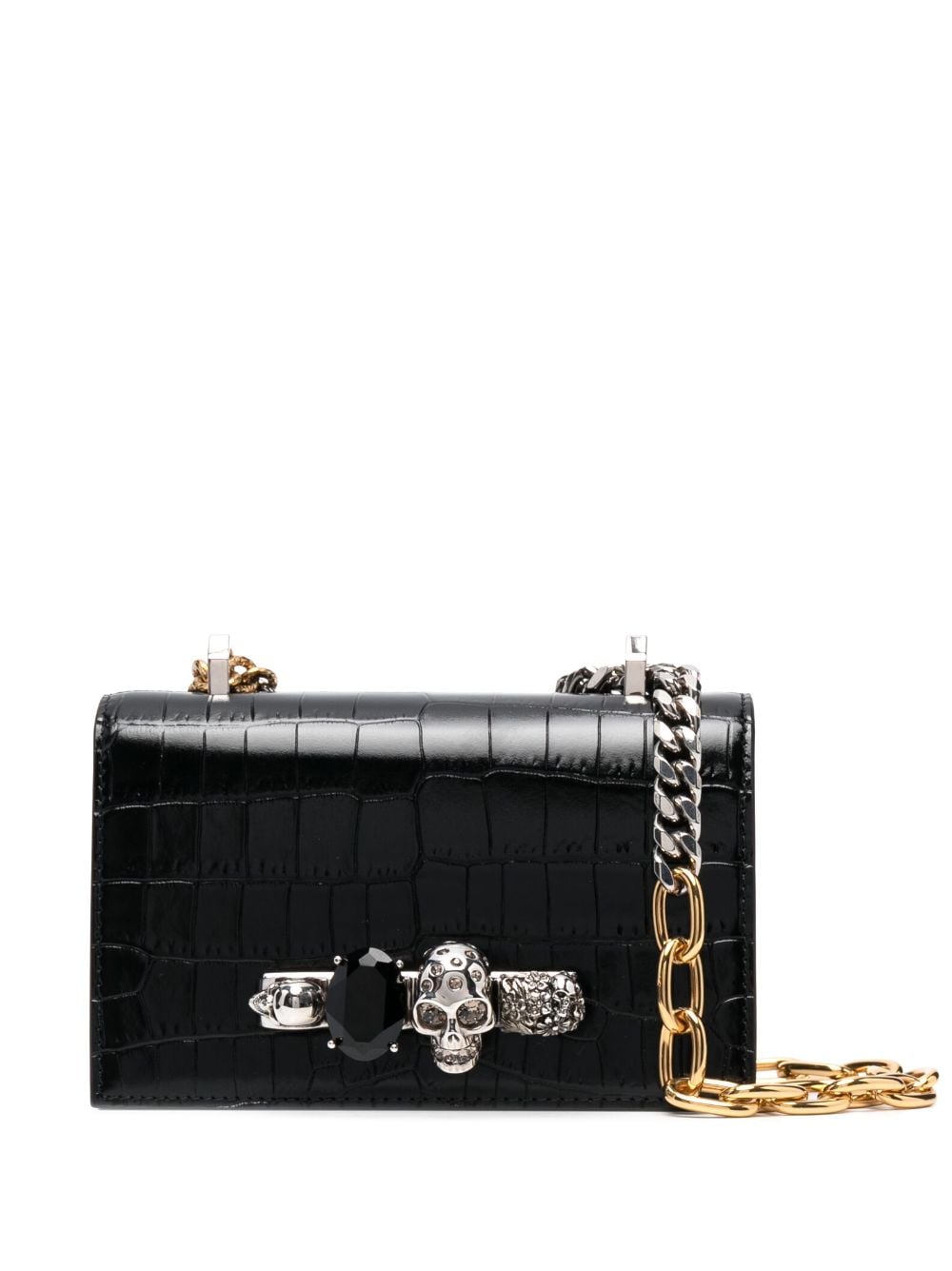 Alexander McQueen skull-embroidered crocodile-effect crossbody bag